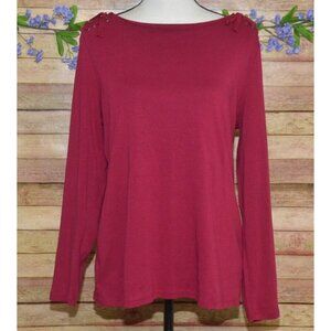 Talbot's Boat Neck Shoulder Tie Ribbed Knit Top Shirt Size L Long Sleeve Pink